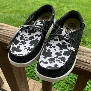 NWT in box Hey Dude Wendy Boho Cow shoes, Wild color, women’s size 9.